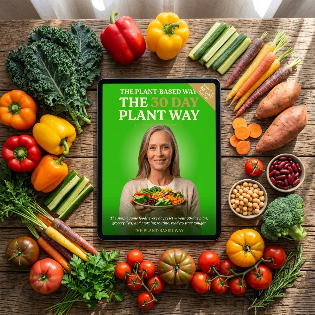 The 30 Day Plant Way on a tablet surrounded by fresh whole plant foods